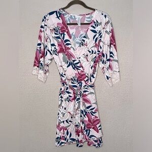 Flora Nikrooz Floral Wrap Dress/Robe-Women’s XS-Pink/White-Hawaiian-Tropical-NEW